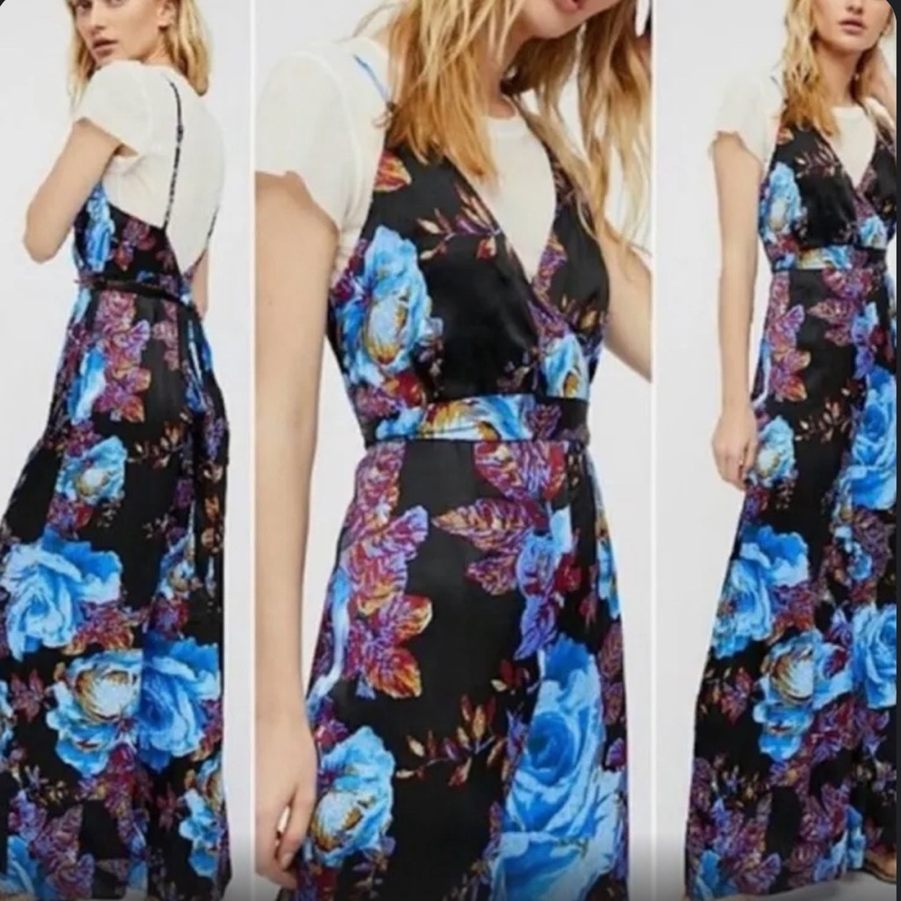 Free People blue floral satin jumpsuit